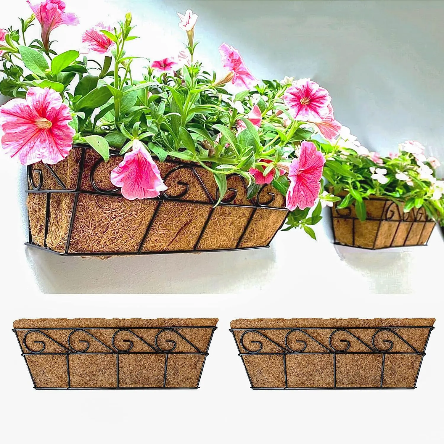 Wall Planters for Outdoor Plants (2 Pack, 16 Inch) Window Flower Boxes Basket Attach to House, Deck Railing Strawberry Planters with Coco Liners Balcony Troughs Fence Patio Porch Over Rail