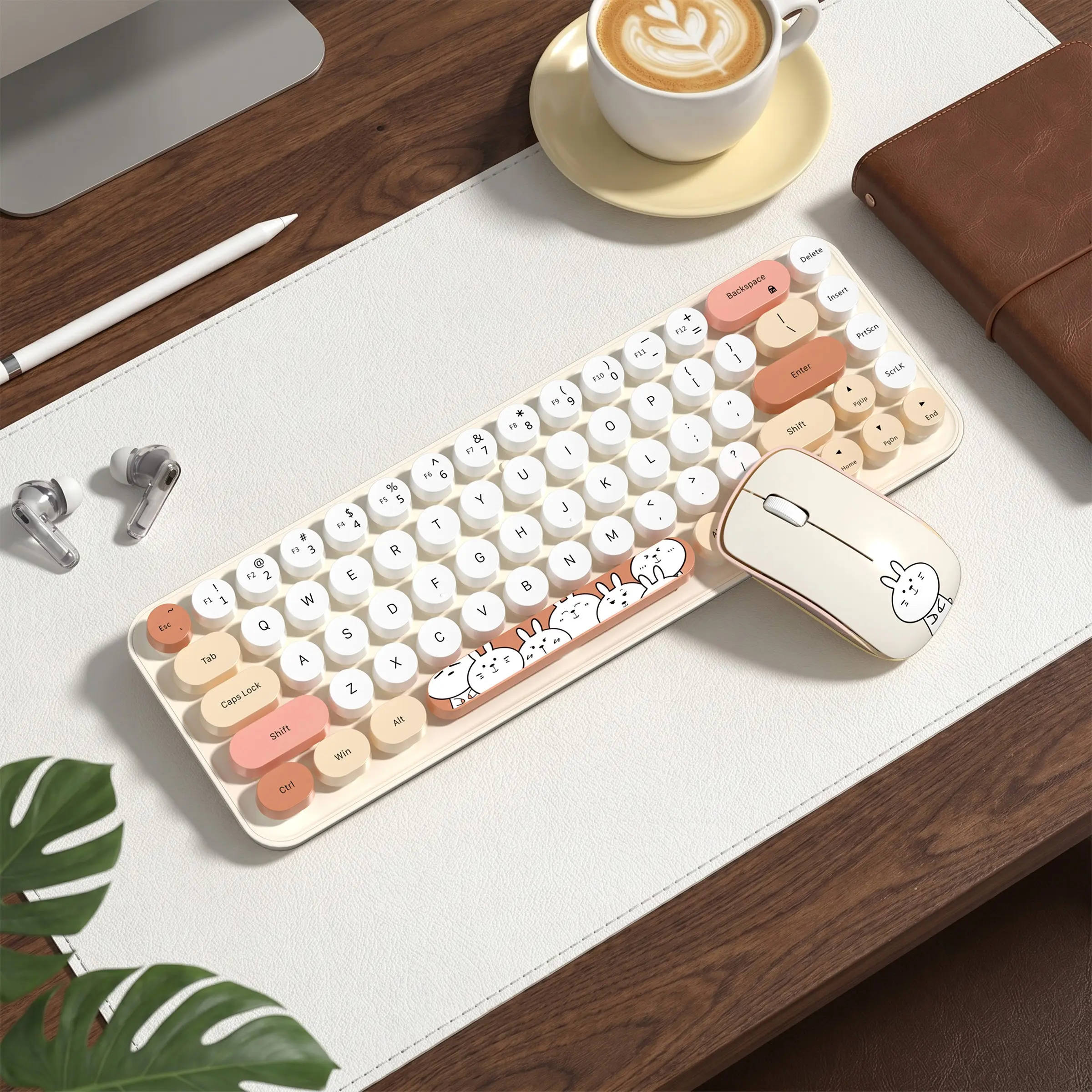 MOFii idol pro Wireless Cartoon Rabbit Keyboard and Mouse Set, Milk Tea Color Block 75% Compact Round Keycaps Keyboard, Portable Office Combo for Desktop & Laptop