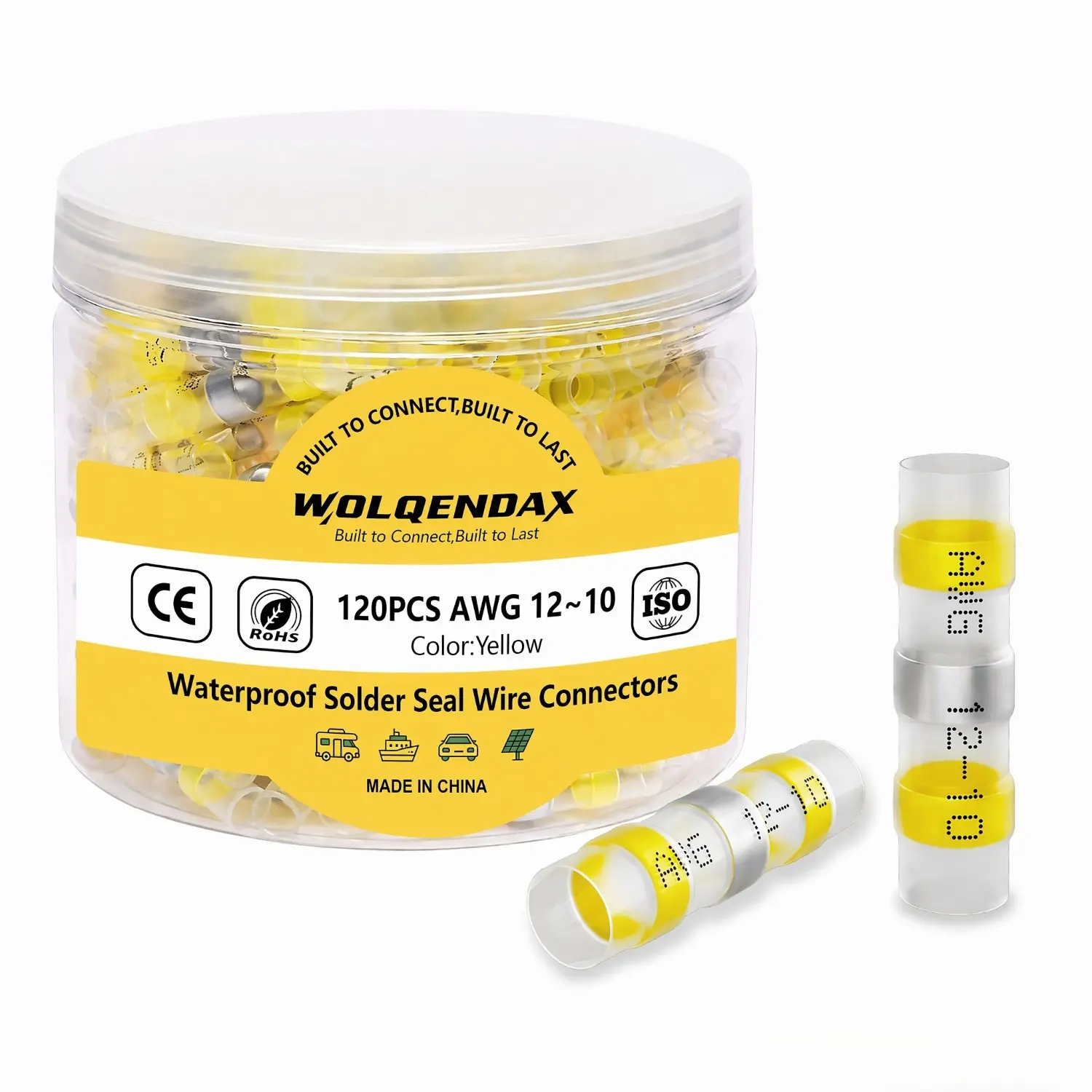 Wolqendax 120PCS Solder Seal Wire Connectors (AWG 12-10 Yellow) - Eco-Friendly Waterproof Heat Shrink Butt Connectors with Bonus Heat Shrink Tubing, Install Home, for Marine, RV, Solar Panel, Boat & Automotive Wiring