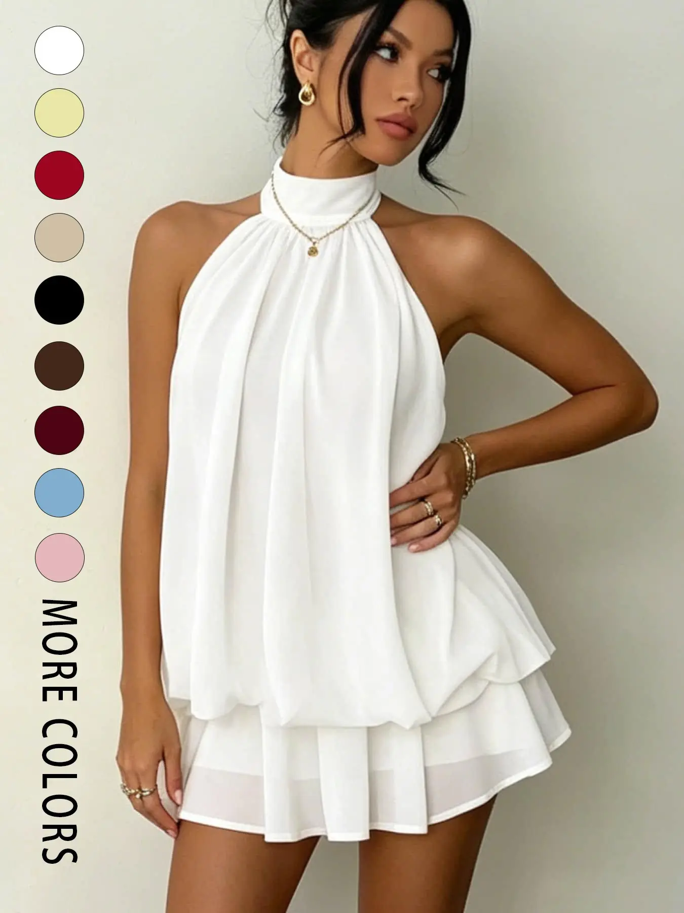 A fashionable and slim fitting sexy backless, sleeveless, neck tied, waist cinched, and fluffy cocktail party dress for women, suitable for summer, vacation, shopping, photography, parties, and bars