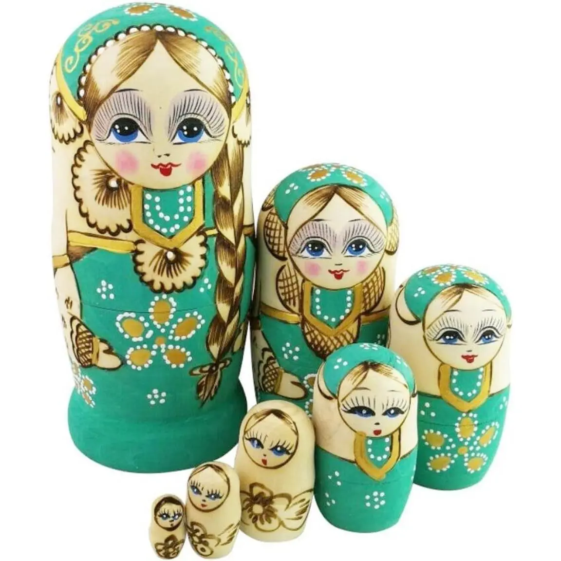 Cute Little Girl with Big Braid Handmade Matryoshka Wishing Russian Nesting Dolls Set 7 Pieces Wooden Kids Gifts Toy Home Decoration Green