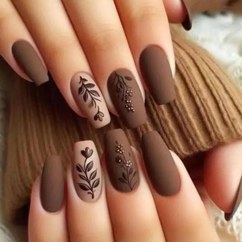 Leaf & Flower Pattern Fake Nails with Nail File & Tape, 24pcs Removable False Nails for Women Girls Nail Art, Effortless Press on Nails Set, Nail Designs