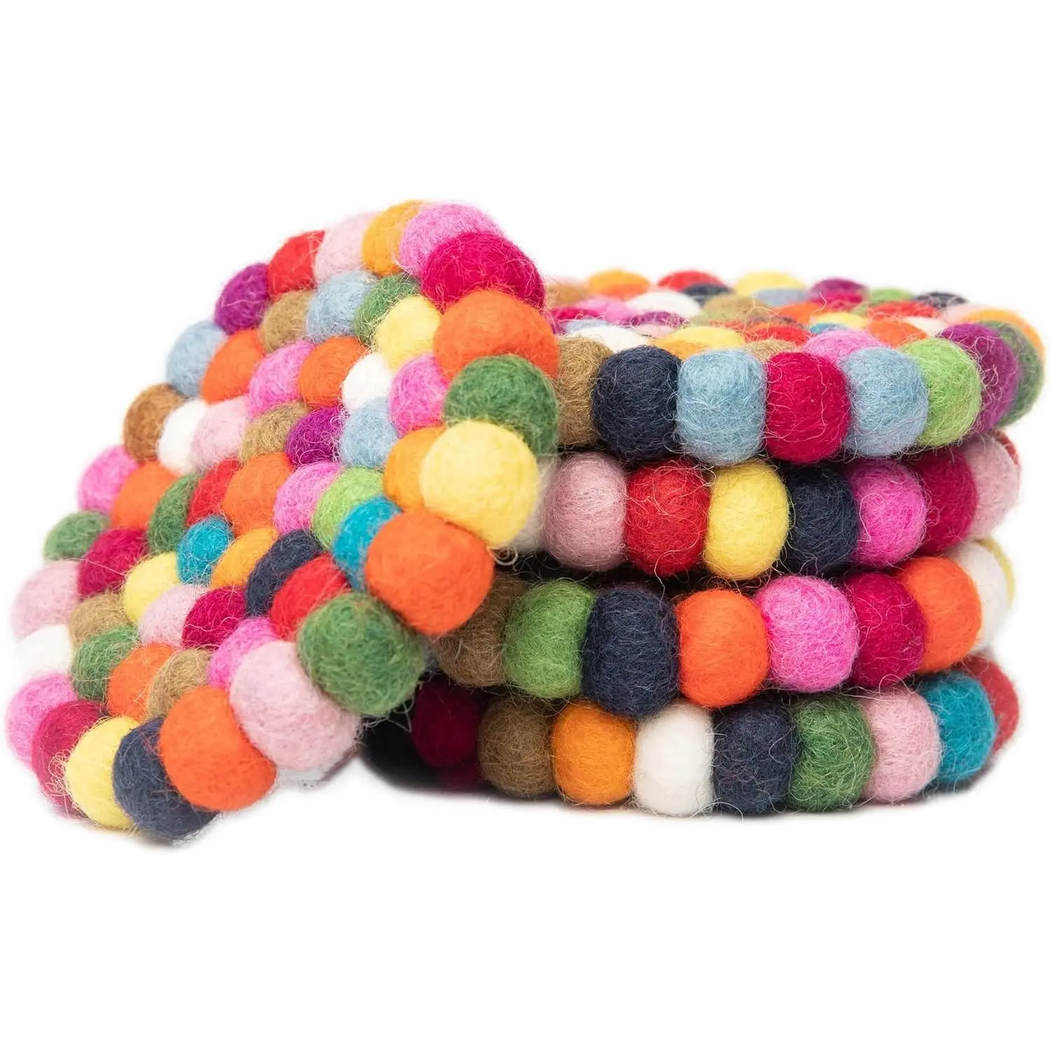 Round Felt Ball Coasters - 100% Merino Wool Table Coasters - Felt Coaster Pads, Absorbent Trivet for Drinks - Heat Resistant, Thick & Durable Hand Felted - Multicolor Set of 5 (Rainbow)