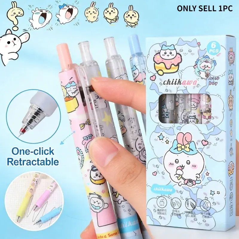 Chiikawa Gel Pen Set,6 Pack Retractable 0.5mm Black Ink Pens, Cute Retractable Pen, Hachiware Usagi Anime Character Stationery for Teen Students Gifts