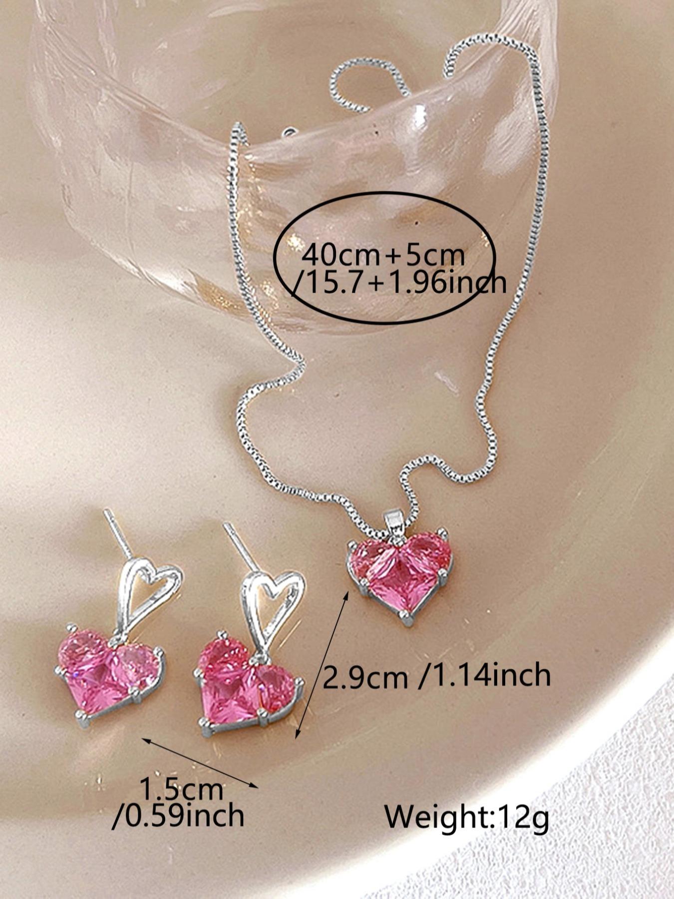 2024 Summer Heart Shape Design Jewelry Set, Pink Artificial Zircon Inlaid Pendant Necklace and Dangle Earrings, Sweet Fashion Matching Jewelry Accessories Set