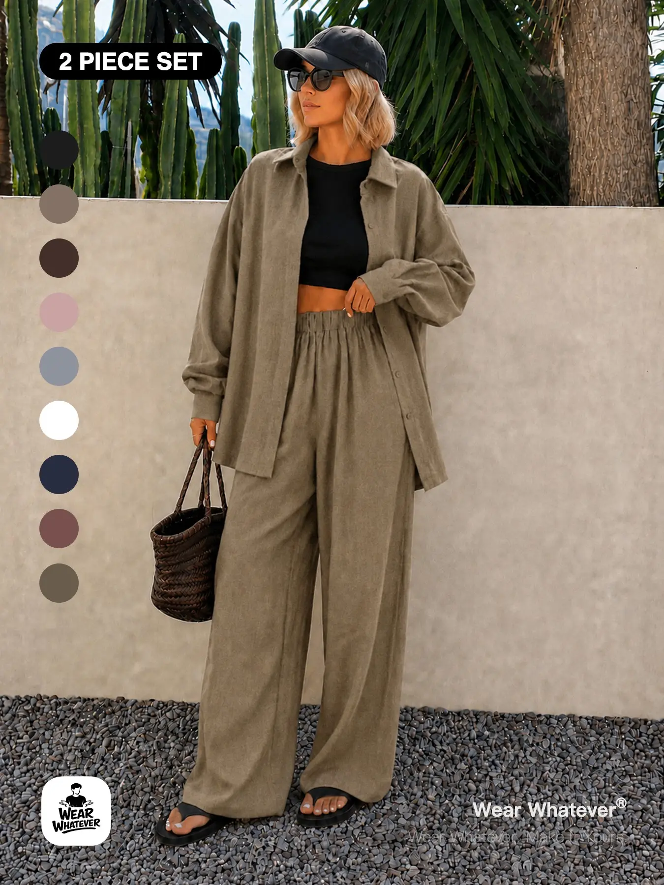 | 2-Piece Set | Wear Whatever Women’s Textured Set, Oversized Button Up Shirt Jacket and Wide Leg Drawstring Pants for Casual Chic, Travel, Vacation, Lounge and Airport Outfits
