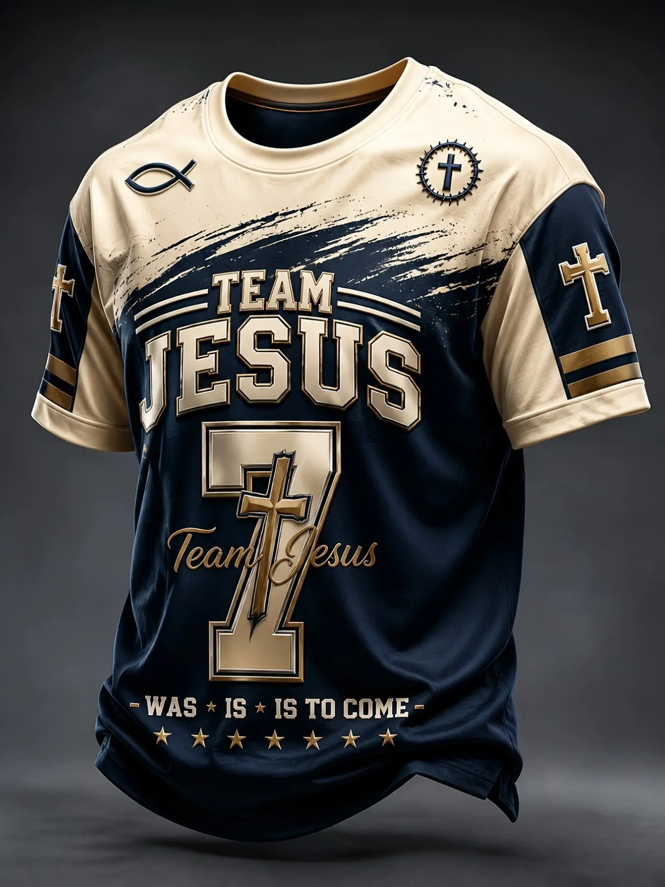 American Vintage Men's Short Sleeve Jersey, Team Jesus Theme Number 7 Pattern, Multi-Element Faith Print, Soft Comfortable Fabric, Casual Sports Wear, Casual Sports Top