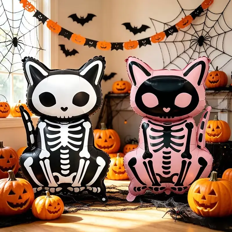 3-Piece Skeleton Cat Shaped Aluminum Foil Balloon Set，Available in two colors: black and pink，Perfect for Halloween themed parties，Day of the Dead decorations，Trick or treat，Family Halloween Decorations for Kids，Halloween Market Booth Setup