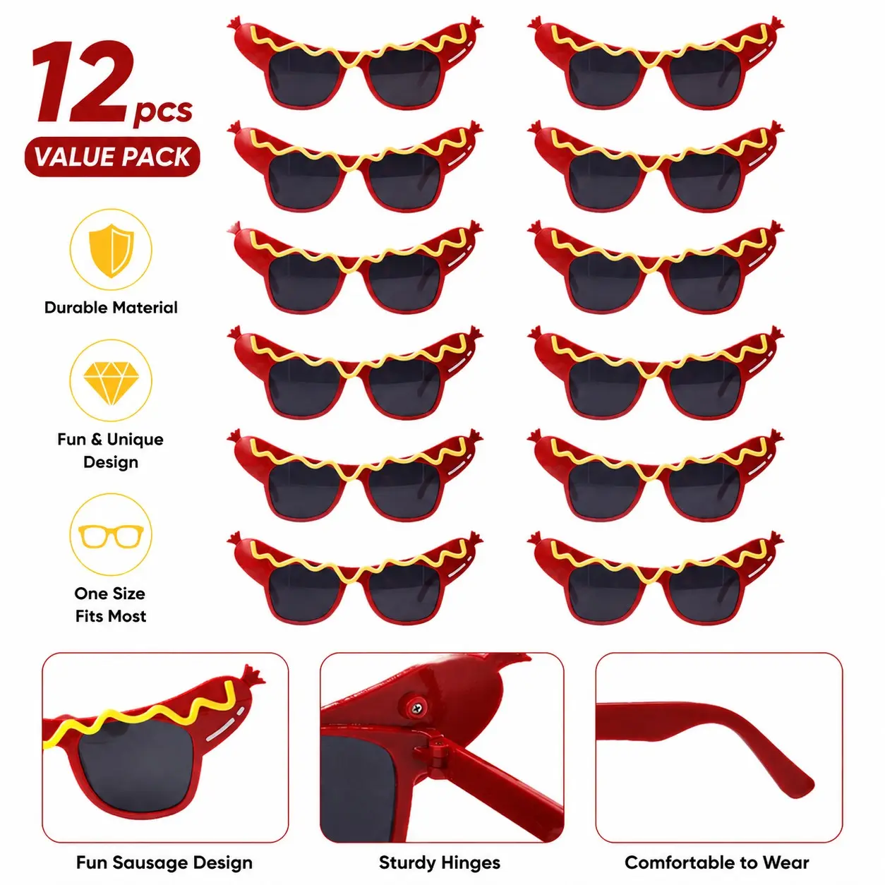12 Pcs Creative Hot Dog Party Glasses, Fun Food Theme Eyewear, Birthday Party Cosplay Props, Beach Festival Photo Accessories, Theme Party Supplies