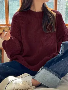 Women's Lazy Style Knitted Sweater, Fall Winter New Arrival, Casual Slim Fit Round Neck Knit Top, Soft and Cozy, Elegant and Versatile Long Sleeve Pullover