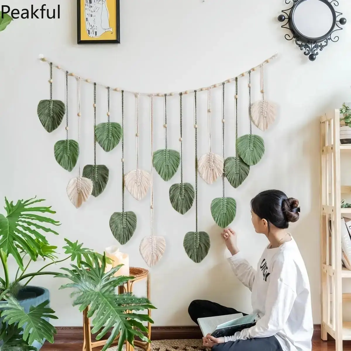 Bohemian fiber art | Rising horizontal leaf woven wall tapestry with tassel fringe & bead pendants Underrated natural beige-green leaf macrame hanging for rustic boho interior decor wedding decor and thoughtful seasonal holiday presents