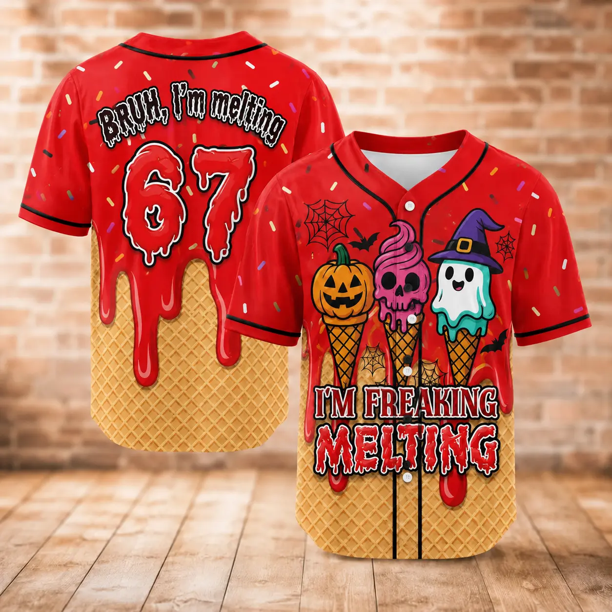 Halloween Melting Ice Cream Jersey for Youth Adults, Baseball Uniform for Spooky Family Matching Costume, Halloween Gift