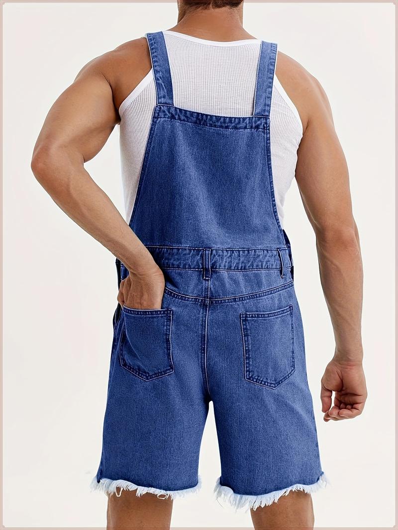 Runcati Men's denim shorts bib overall jean romper, offering a casual loose fit with buttoned pockets, perfect for summer wear as a comfortable and stylish jumpsuit.
