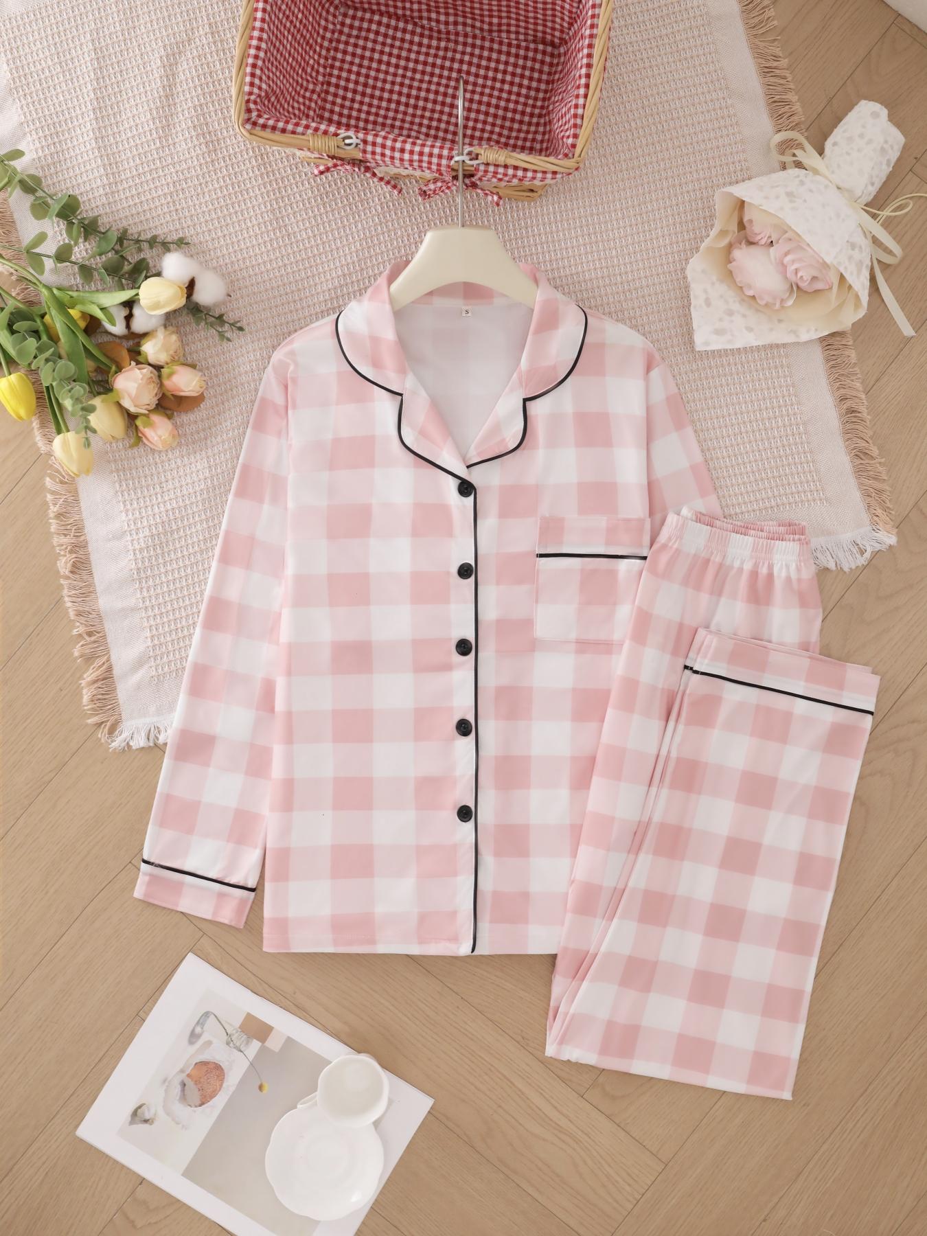 Two-piece Set Women's Heart/ Strawberry Print Pajama Set, Casual Comfy Long Sleeve Lapel Collar Top & Pants Pj Set, Valentine's Day Gift, Ladies Sleepwear for Spring & Fall, Pyjamas