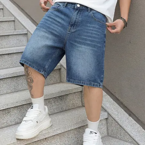 Men's washed retro color denim shorts, trendy, versatile, loose straight-leg casual streetwear denim five-point pants, Versatile Loose Fit