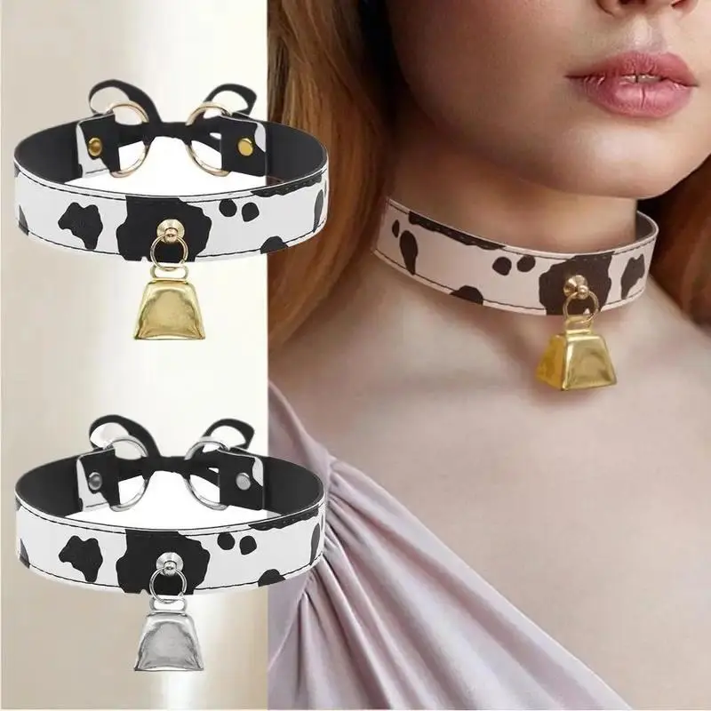 Sexy Leather Cow Print Bell Pendant Collar Choker Necklace For Women Punk Gothic Sweet Bow Necklaces Cosplay Party Jewelry Gifts