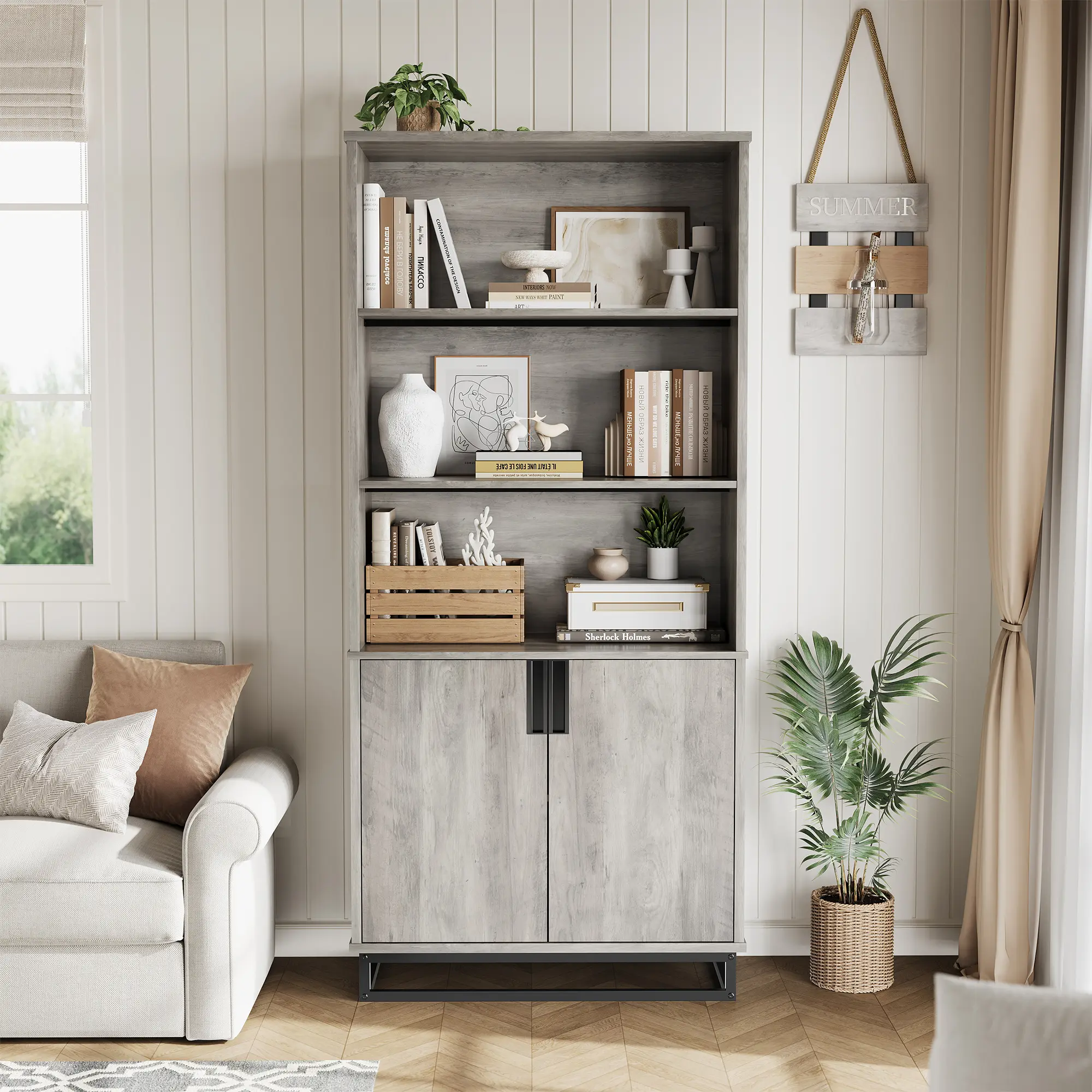 5 Tier Bookcase with Adjustable Shelves and Doors, Storage Cabinet & Adjustable Shelves, Wood Floor Standing Display Shelf for Living Room, Bedroom, Home Office, Grey