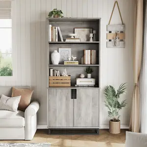 5 Tier Bookcase with Adjustable Shelves and Doors, Storage Cabinet & Adjustable Shelves, Wood Floor Standing Display Shelf for Living Room, Bedroom, Home Office, Grey