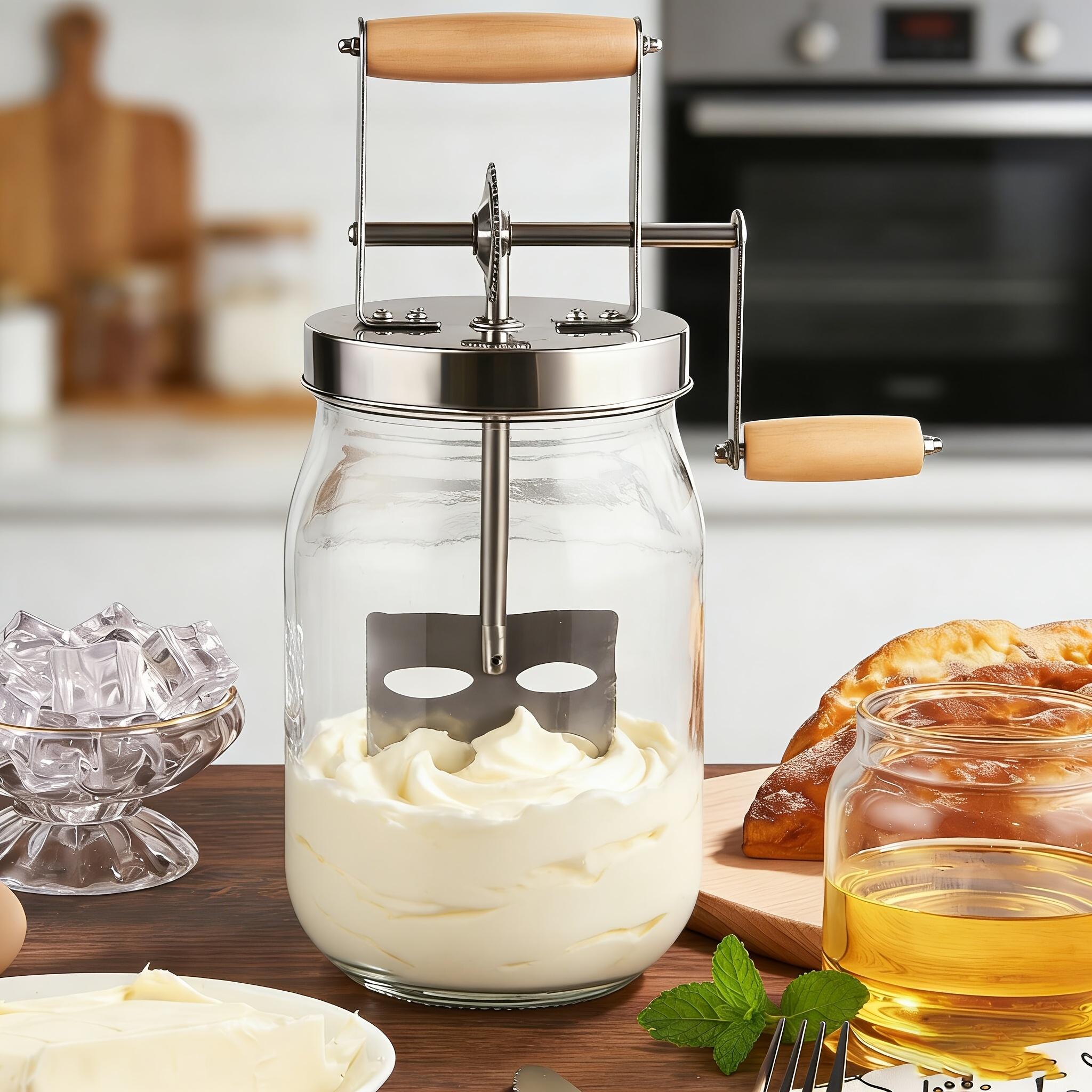 Handheld Butter Churner with Wooden Handle and Stainless Steel Gears, Handheld Butter Mixer, Milkshake Blender, Baking Tool Butter Maker