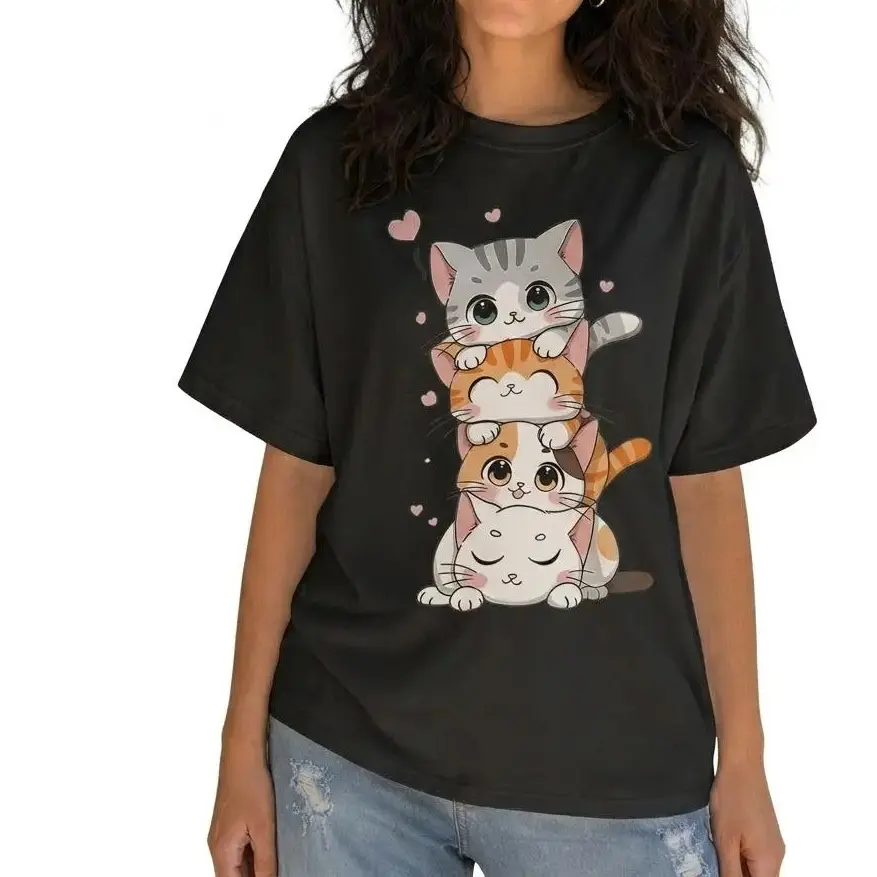 Cute Cat Lover Graphic Tee Women Plus Size Stacked Kittens Shirt