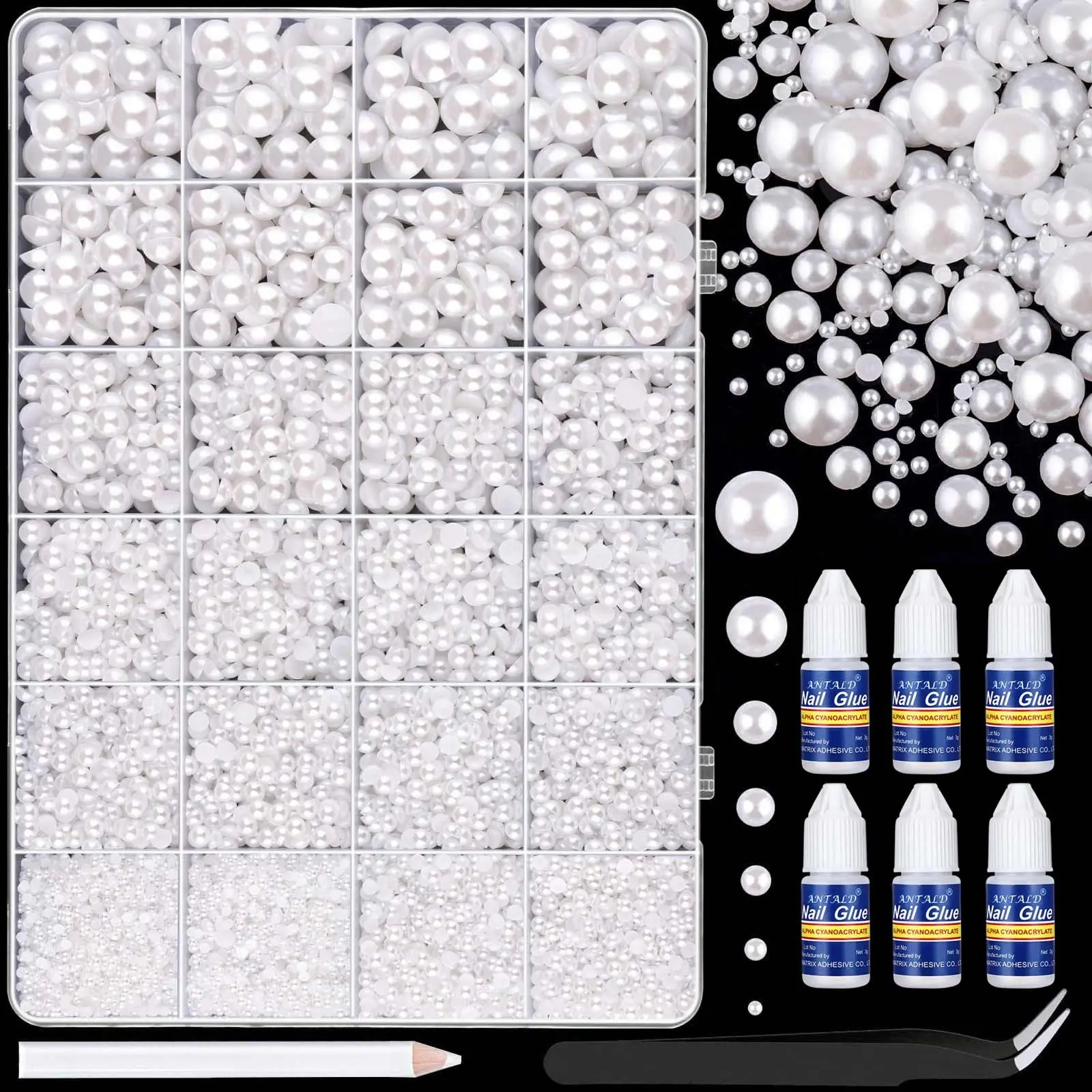 10000Pcs White Flatback Pearls Kit, Assorted 2-8mm Half Pearl Beads with Glue for DIY Craft, Shoes, Nail Art, Crafts Decoration