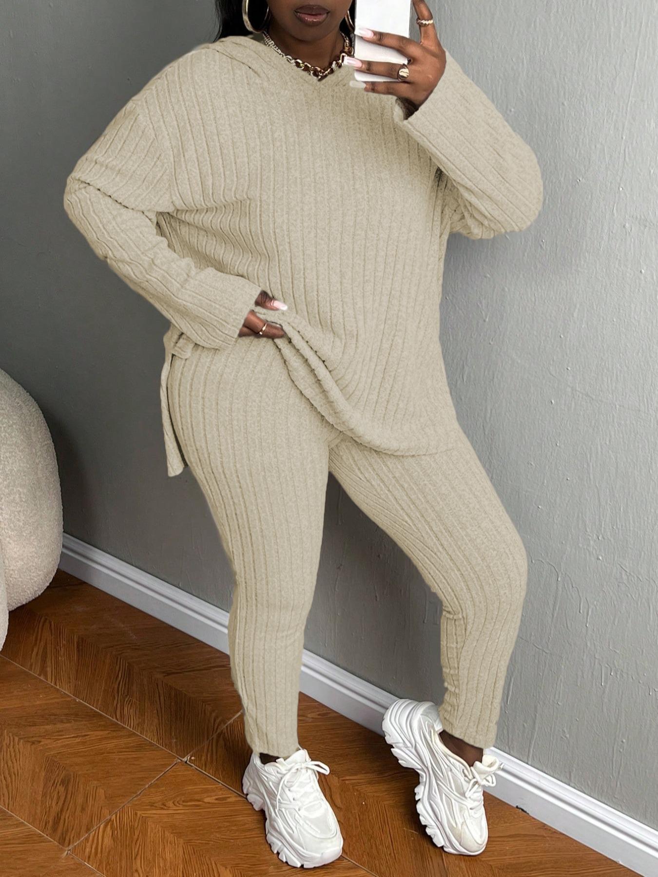 [Plus Size] Women's Two-Piece Set Solid Textured Ribbed Drop Shoulder Long Sleeve Hoodie & Elastic Waist Pants, Casual Fashion Cozy Ribbed Outfits for Daily Outdoor Wear, Ladies Clothing for Fall & Winter