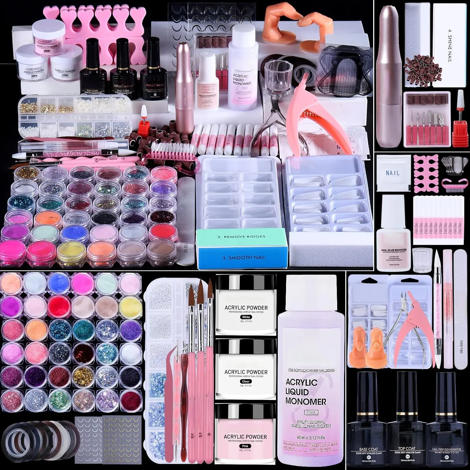 Acrylic Nail Kit with Everything:  Set with Drill - Professional Acrylic Powder Glitter Monomer False Tips Top Base Coat Starter Kit - Full Decorations Nail Supplies  Nail Extensions Gift