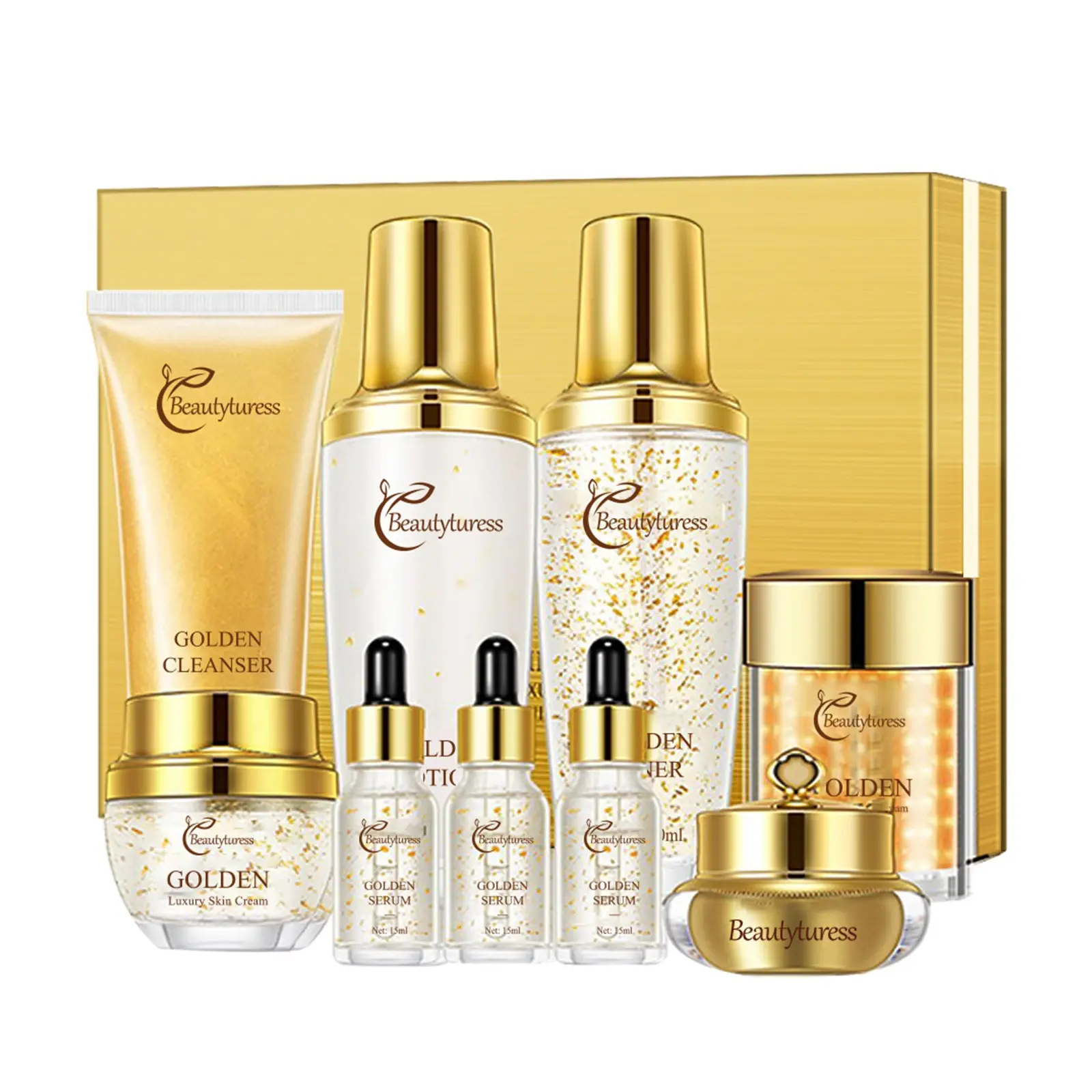 Luxury Golden Color Skincare Set, Face Care Kit, Daily & Night Care for All Skin Types, Hypoallergenic, Anti-Wrinkle, Hydrating, Tightening, 9pcs/set