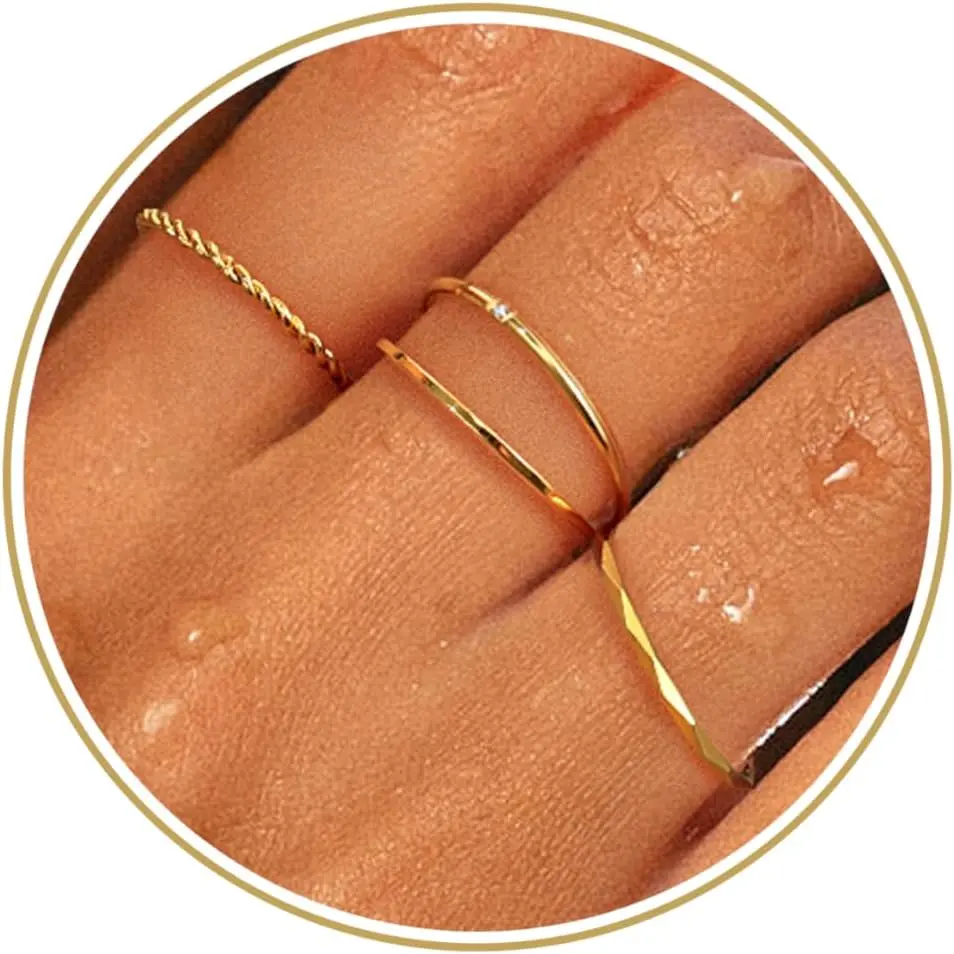Waterproof Gold Stackable Rings for Women Non Tarnish,Dainty 14K Gold Plated Thin Thumb Ring Set Trendy Minimalist Rings for Women