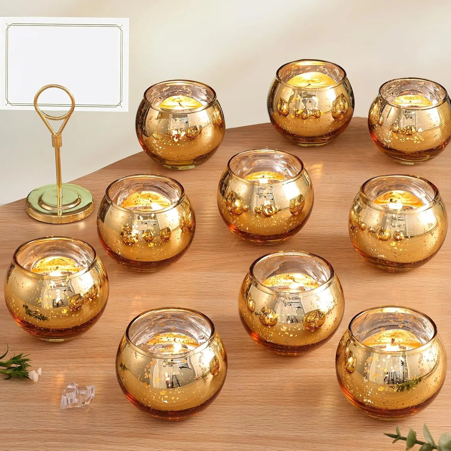 12 Round Gold Mercury Finish Votive Candle Holders (2" Dia. Bowl, Tealight Light Compatible) - Ideal for Fall Table Centerpieces, Home Diwali Decor