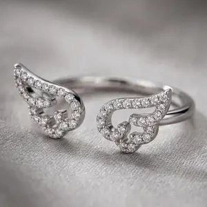 Silver Color Angel Wings Ring Adjustable Micro Pave Zircon Joint Rings For Women Fashion Opening Rings Jewelry Female Lover Gift