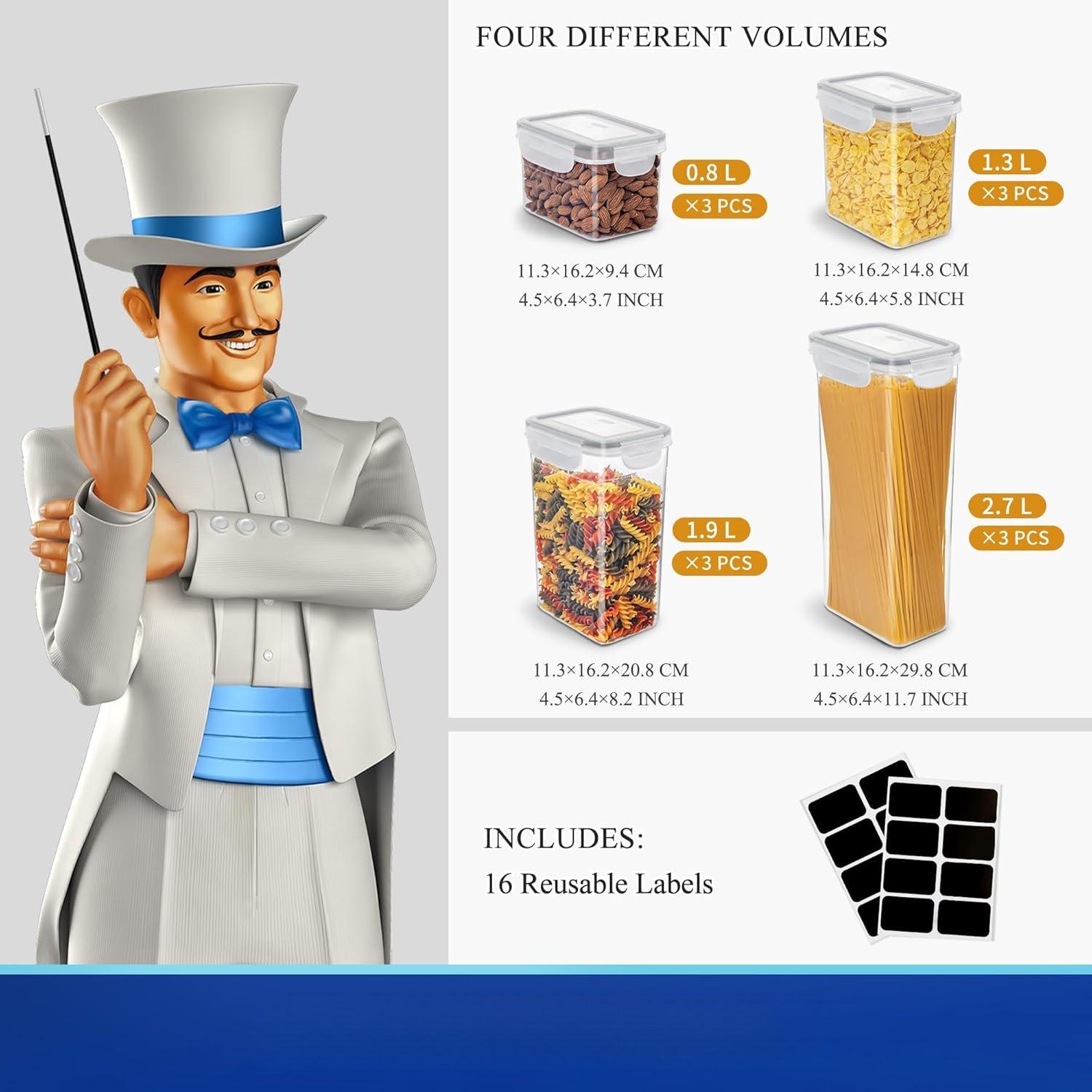 12 Pack Airtight  Storage Container Set,  Kitchen Pantry Organization, Kitchen Canisters for Cereal, Spaghetti, includes 16  Sticker Labels