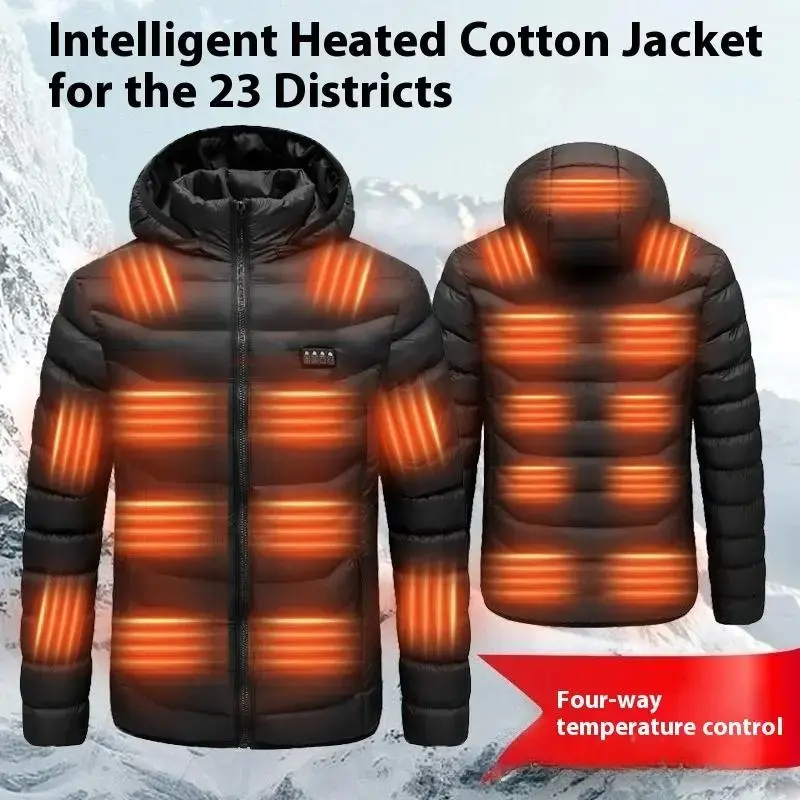 Men's USB Rechargeable Heated Jacket, Lightweight Full-Zip Smart Electric Winter Warm Cotton Jacket, Four-Control 23-Zone Smart Heating Outerwear