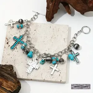 Vintage Western Cross Charm Bracelet for Women, Boho Turquoise Beaded Bangle with Handmade Cross Drop Pendant, OT Toggle Clasp Wrist Jewelry for Beach Vacation, Festival, Party, Birthday Gift