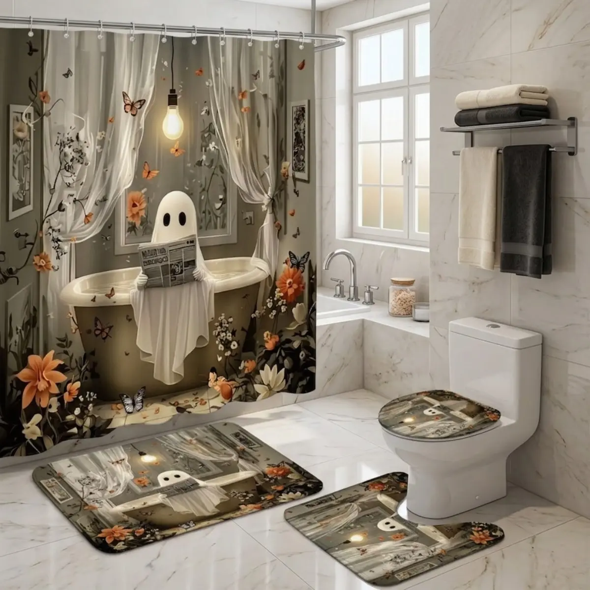 4pcs Halloween Bathroom Decor Set, Cute Ghosts Witch Hat Bats Pumpkins Floral Vines, Spooky Autumn Cottagecore Theme, TikTok Shop Hot Trend Shower Curtain Set, Decorative Shower Curtain
