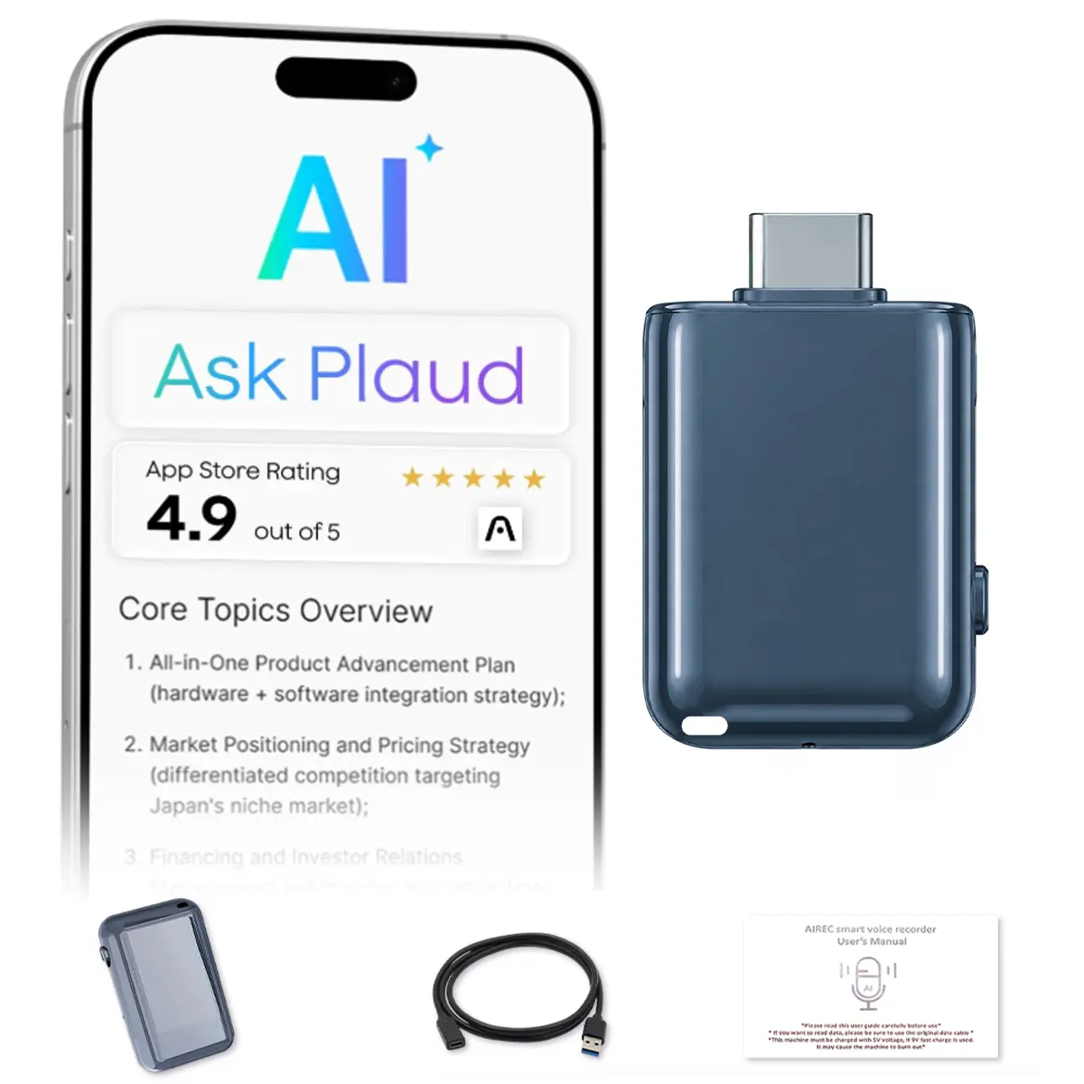 AI Meeting Voice Recorder, 2-in-1 USB-C Flash Drive, 3 Modes Language Translation, With Real-Time Speech-to-Text & Auto AI Summary functions, Long Hour Recording for Journalists Students Travelers