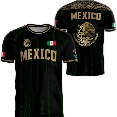 Men's Summer Short Sleeve T-Shirt Mexican Tourism Cultural Souvenir, Dark Pattern Round Neck, Outdoor Casual Fashion Print, Casual T Shirts