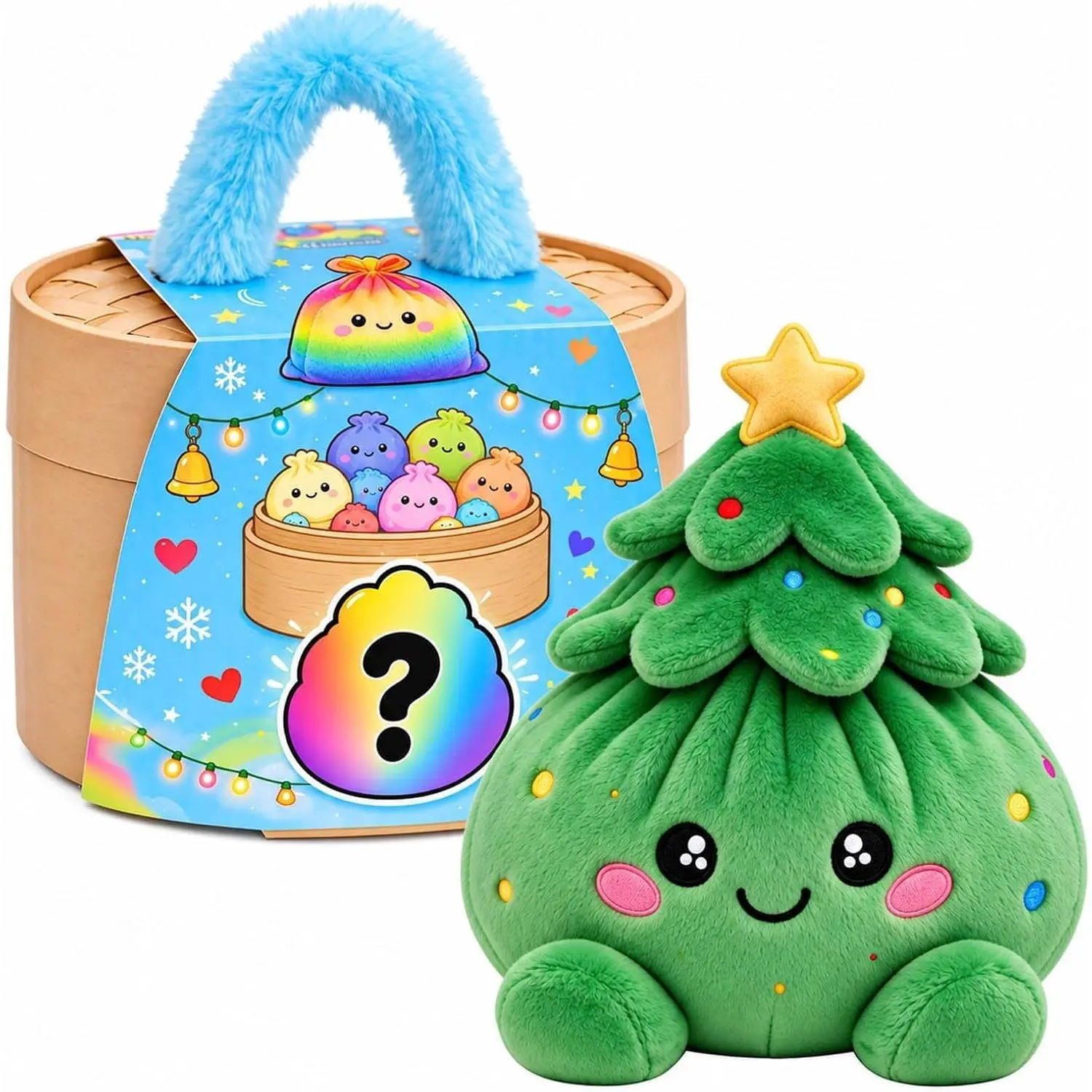 Plush Stuffed Dumpling Squishies, 4in Big Rainbow Squid with Steaming Cage