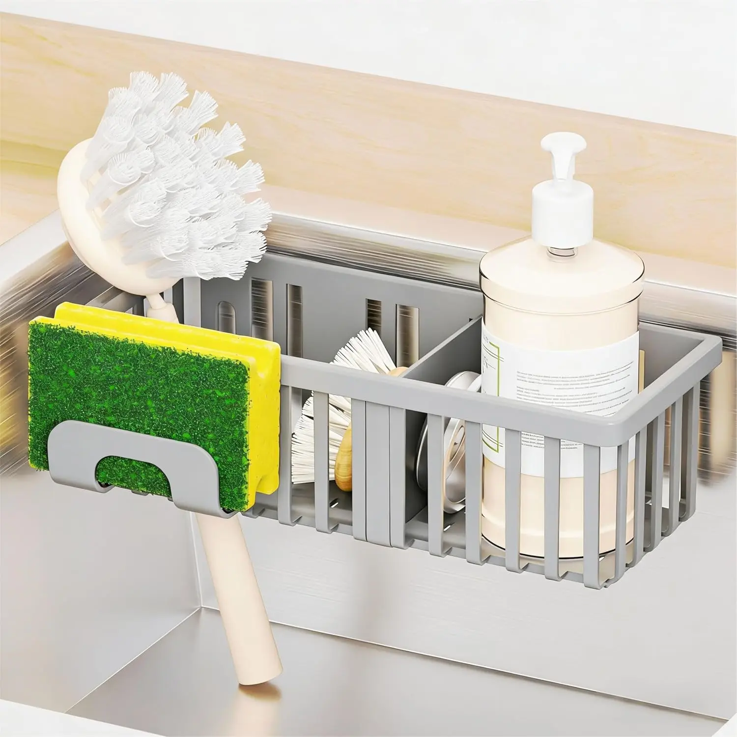 3 in 1 Kitchen Sink  Sponge Holder with Suction Cup and Adhesive,Plastic Rust-Proof kitchen ,Dish Scrub,Dish Soap Holder,Grey  Sponge Rack and In Sink Organizer Essentials