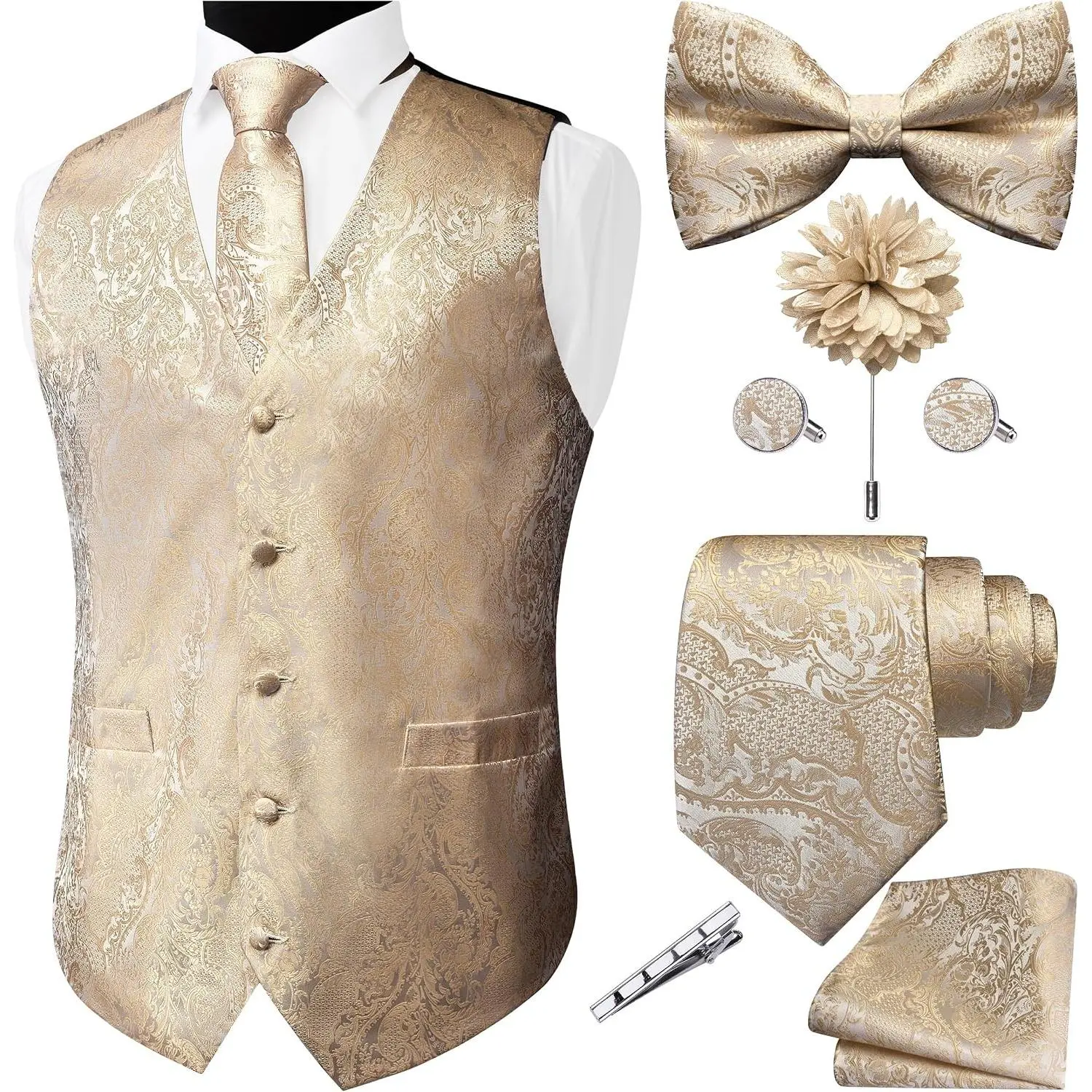Men's Paisley Jacquard Waistcoat Vest Set with Tie, Bow Tie, Hanky, Lapel Pin & Cufflinks - 7PCS Wedding Accessories(Gift)
