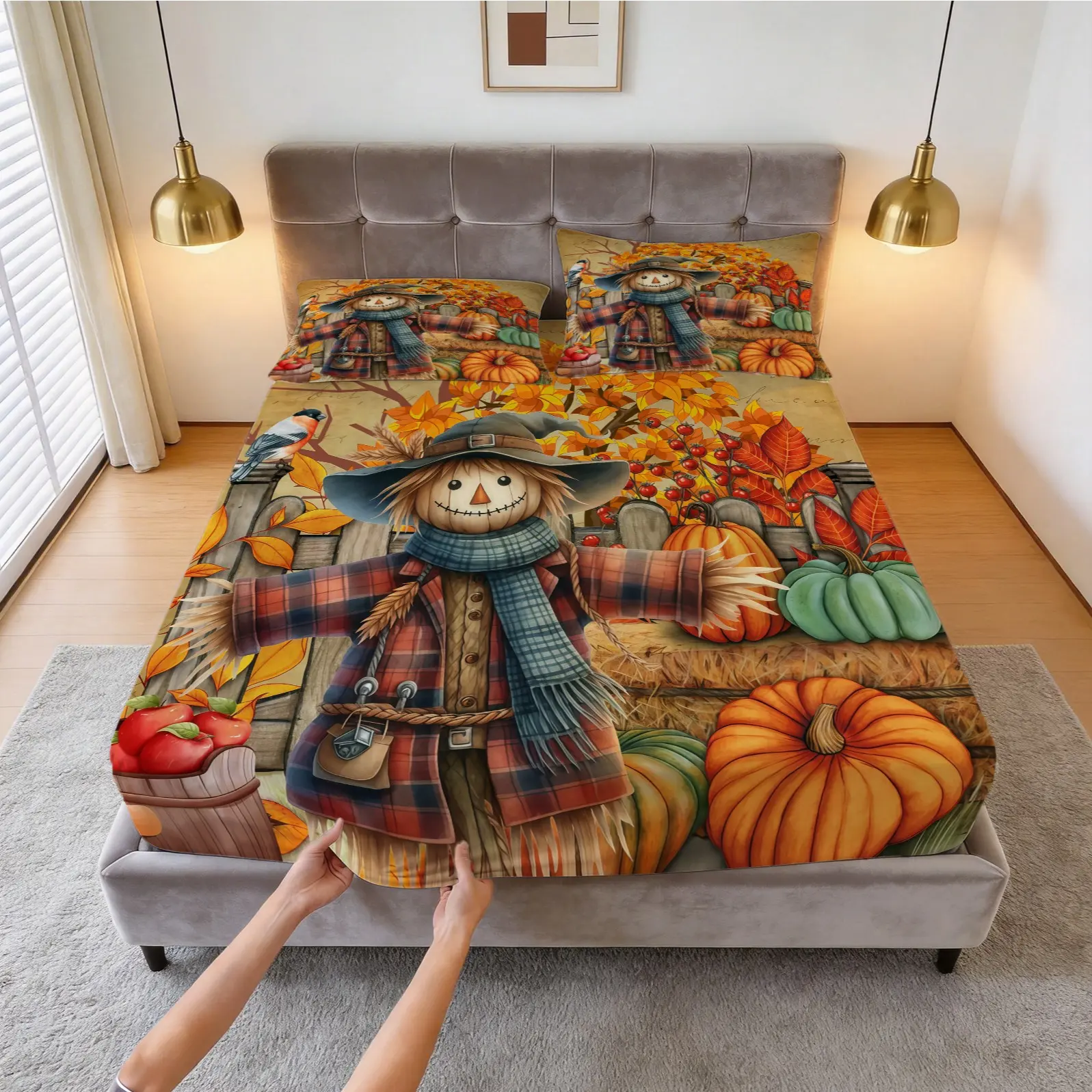 3-Piece Autumn Pumpkin Scarecrow Pattern Bed Sheet Set, Soft And Comfortable Bedding Set (1 Bed Sheet And 2 Pillowcases, Without Pillow Core), Suitable For Bedroom, Dormitory, And Apartment Scenes