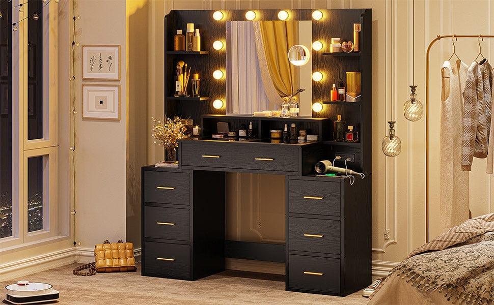 Glass Top Makeup Vanity with Lighted Mirror Black