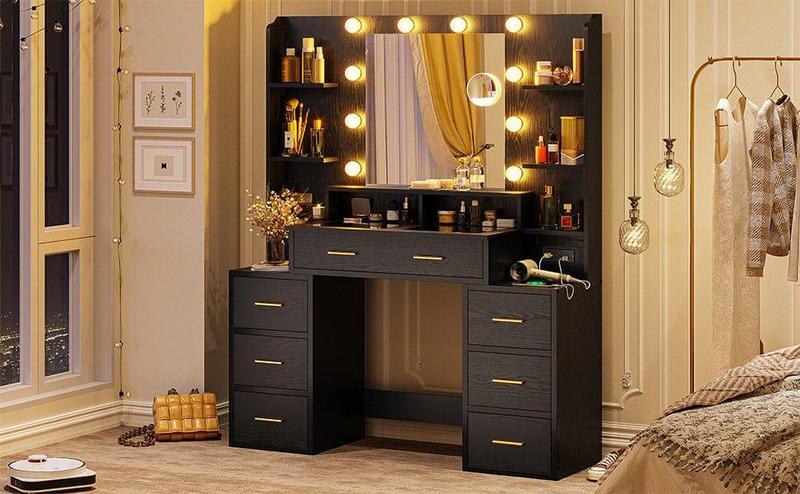 Glass Top Makeup Vanity with Lighted Mirror Black