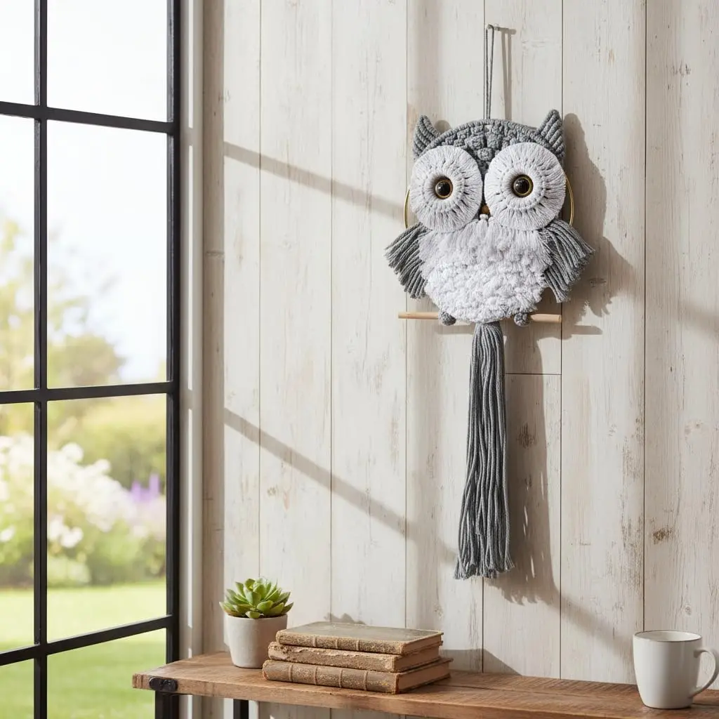 Handmade Macrame Owl Wall Hanging - Hangable Boho Animal Fiber Art Decor, Soothing Sleep Aid for Kid Room & Bedroom, Sustainable Gift for Owl Lovers, Home Supplies Accessory