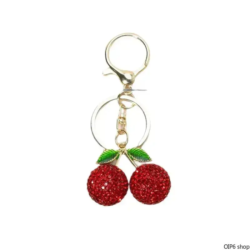 Sparkly Rhinestone Cherry Shaped Keychain, Full Diamond Inlaid Design With Green Enamel Leaves, Durable Metal Key Ring Pendant Suitable For Bag Decoration, Daily Use And Exquisite Holiday Gift Giving Occasions