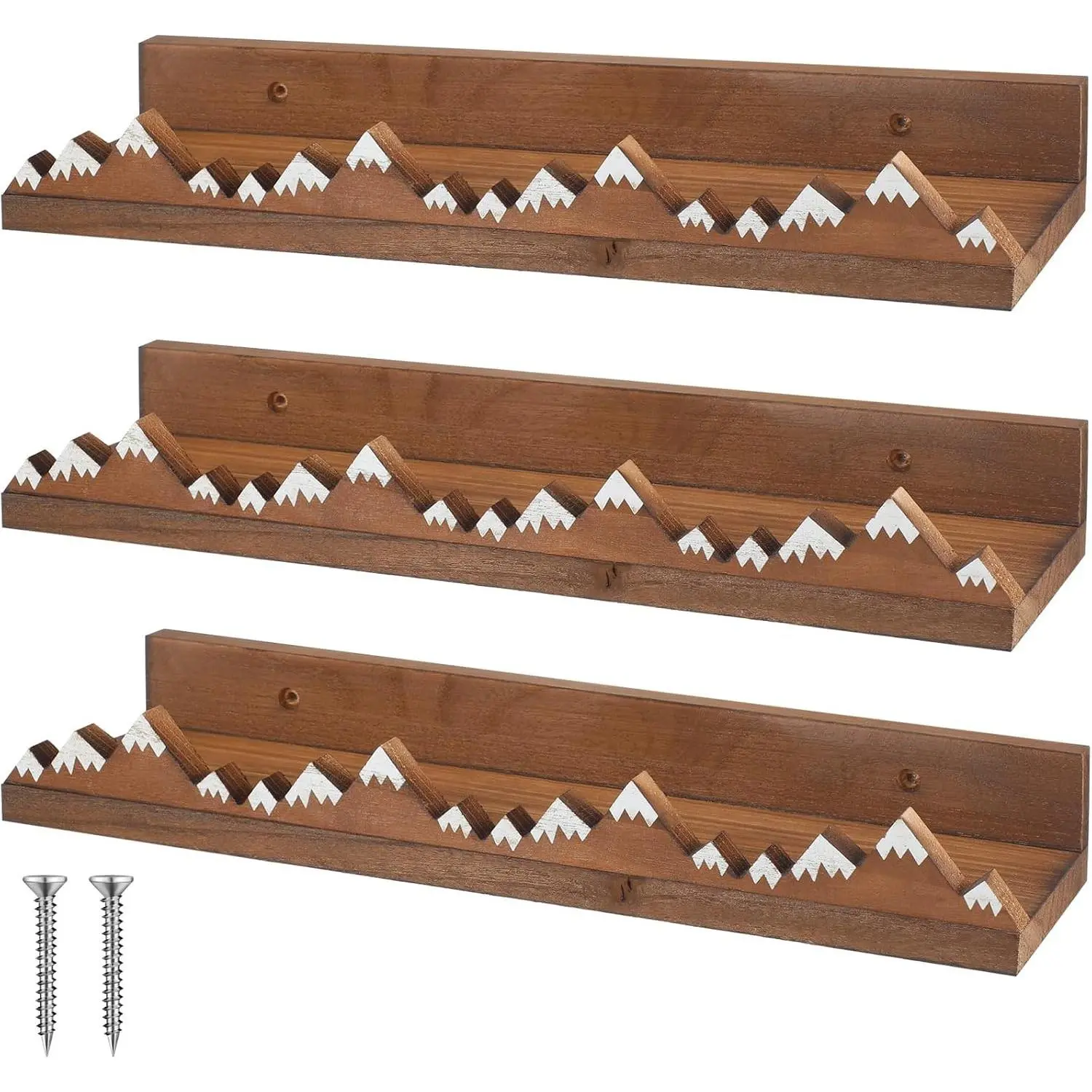 Rustic Look 3-Piece Decorative Wooden Shelves, Wall-Mounted Dark Brown Snow Mountain Floating Shelves for Kids Room Nursery Book Storage, Ideal Gift Option