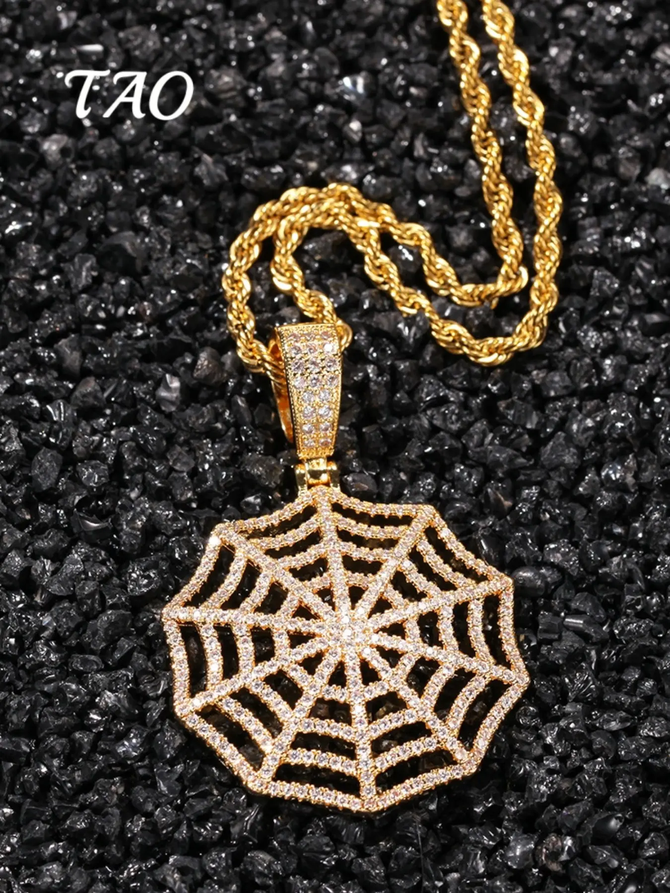 TAO-Luxurious Spider Web Pendant Necklace, Copper Inlaid 3A CZ Stones, 24-Inch Braided Chain, Hip Hop Style, Unisex, Couple Jewelry, Fashionable