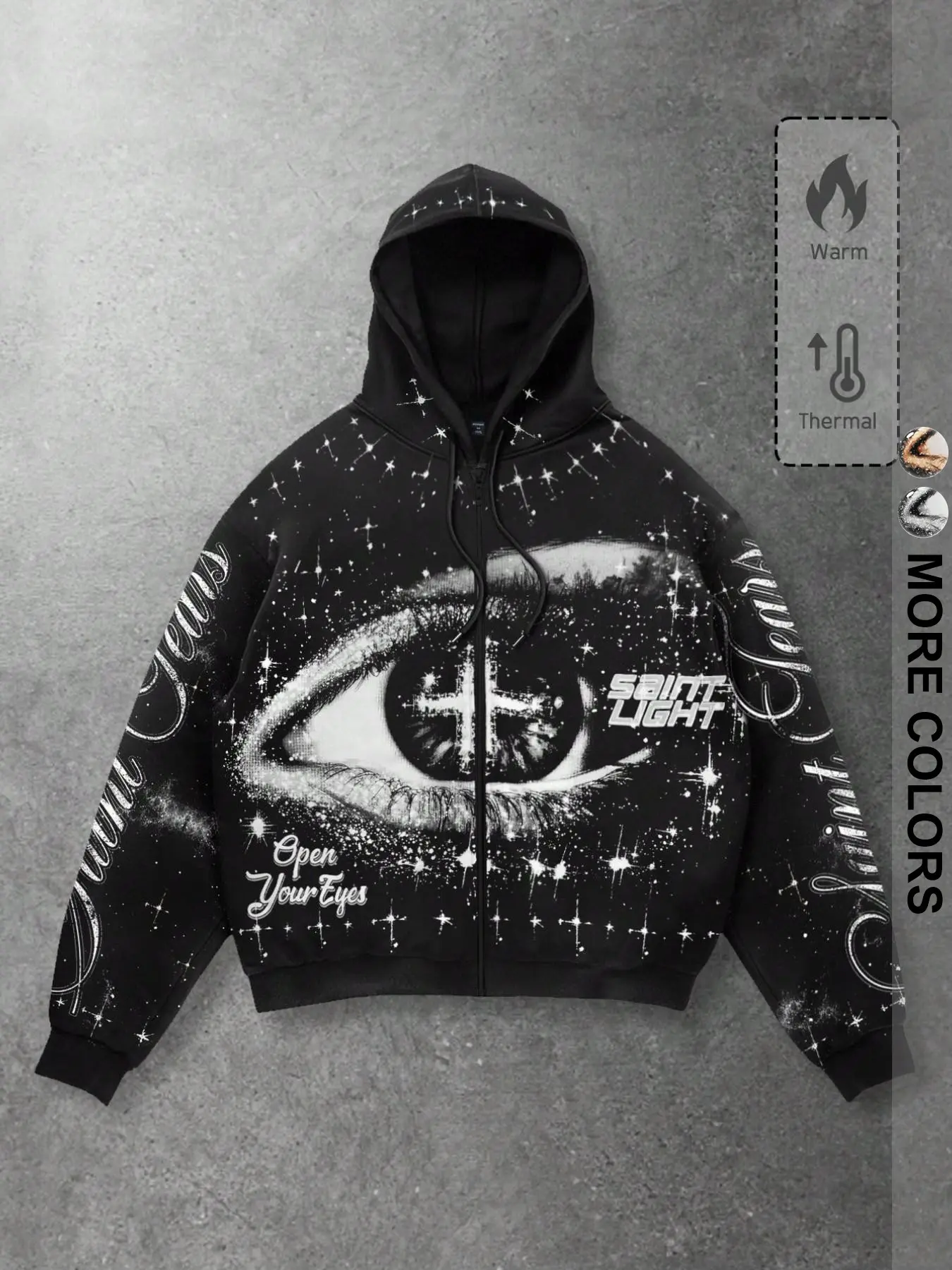 Y2K Occult Celestial Graphic Zip‑Through Hoodie Full Zip Front Hooded Jacket All‑Over Star Print Bold Eye Cross Motif Sleeve Script Lettering Drawstring Hood Regular Cut Casual Outerwear for Teens Young Men Night‑Out Street Photoshoot Daily Look