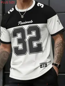 Large Size Men's Sporty T-Shirt, 32 Number Print, Colorblock Short Sleeve, European Style Casual Top, Loose-Fitting, All over Print