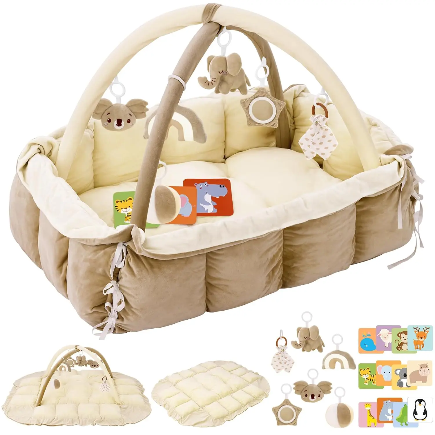 5-in-1 Plush  Play Gym,  Play Mats, Convertible  Gym, Tummy time mat, 6 Sensory , Activity Center, Ball Pit, Cream jumpers Gym Play Mat cotton  playmats